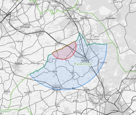 Der rote Bereich (Schutzzone) der Karte, entfällt am 24.12. und geht in den blauen Bereich (Überwachungszone) über. © Kreis Paderborn